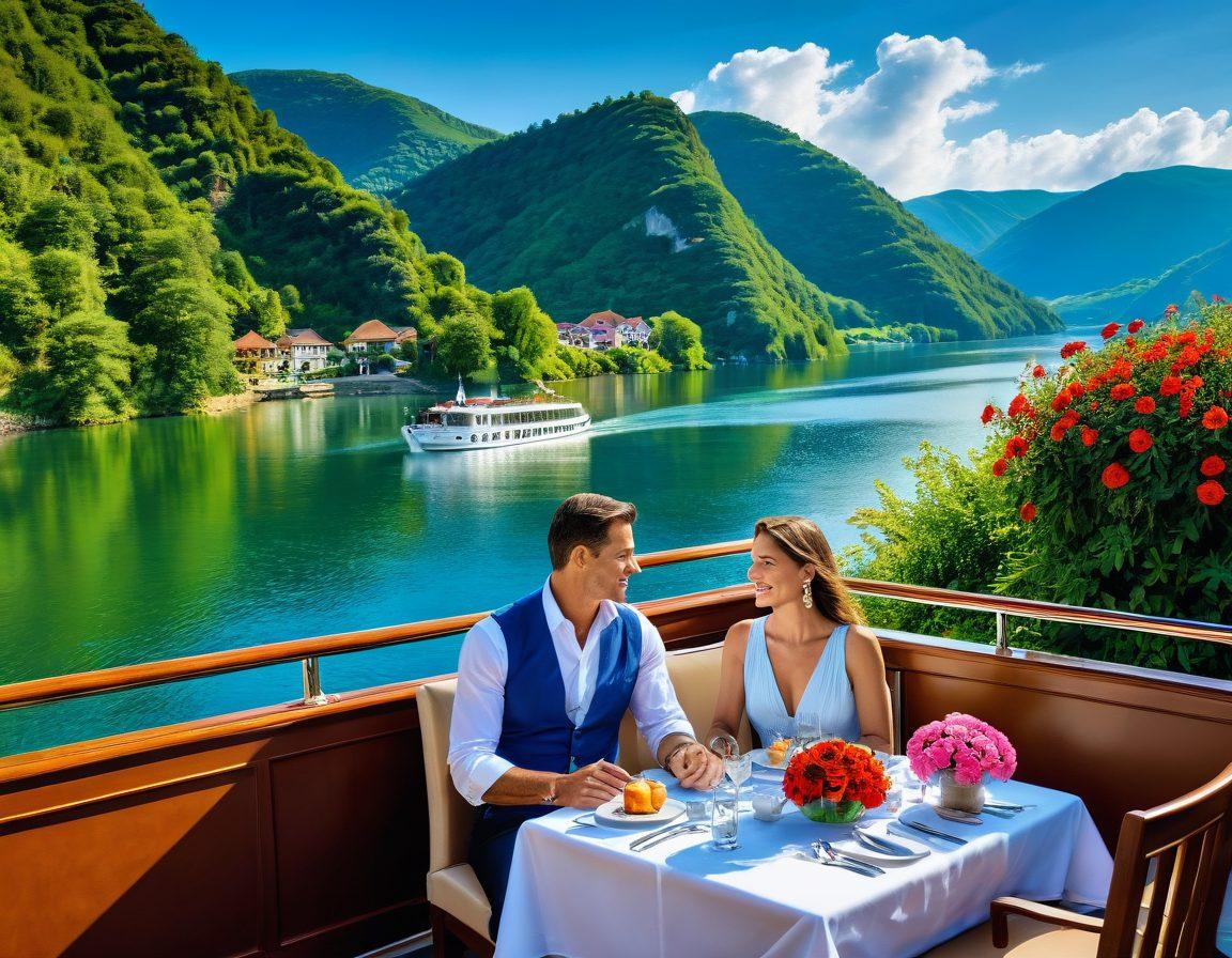 A luxurious travel scene showcasing a couple enjoying an exquisite Tauck luxury tour on a stunning landscape, featuring a serene river cruise with elegant yachts, lush green hills, and picturesque villages in the backdrop. Surround them with vibrant flowers and lavish dining options under a clear blue sky, encapsulating the essence of unforgettable travel experiences. super-realistic. vibrant colors. 3D.