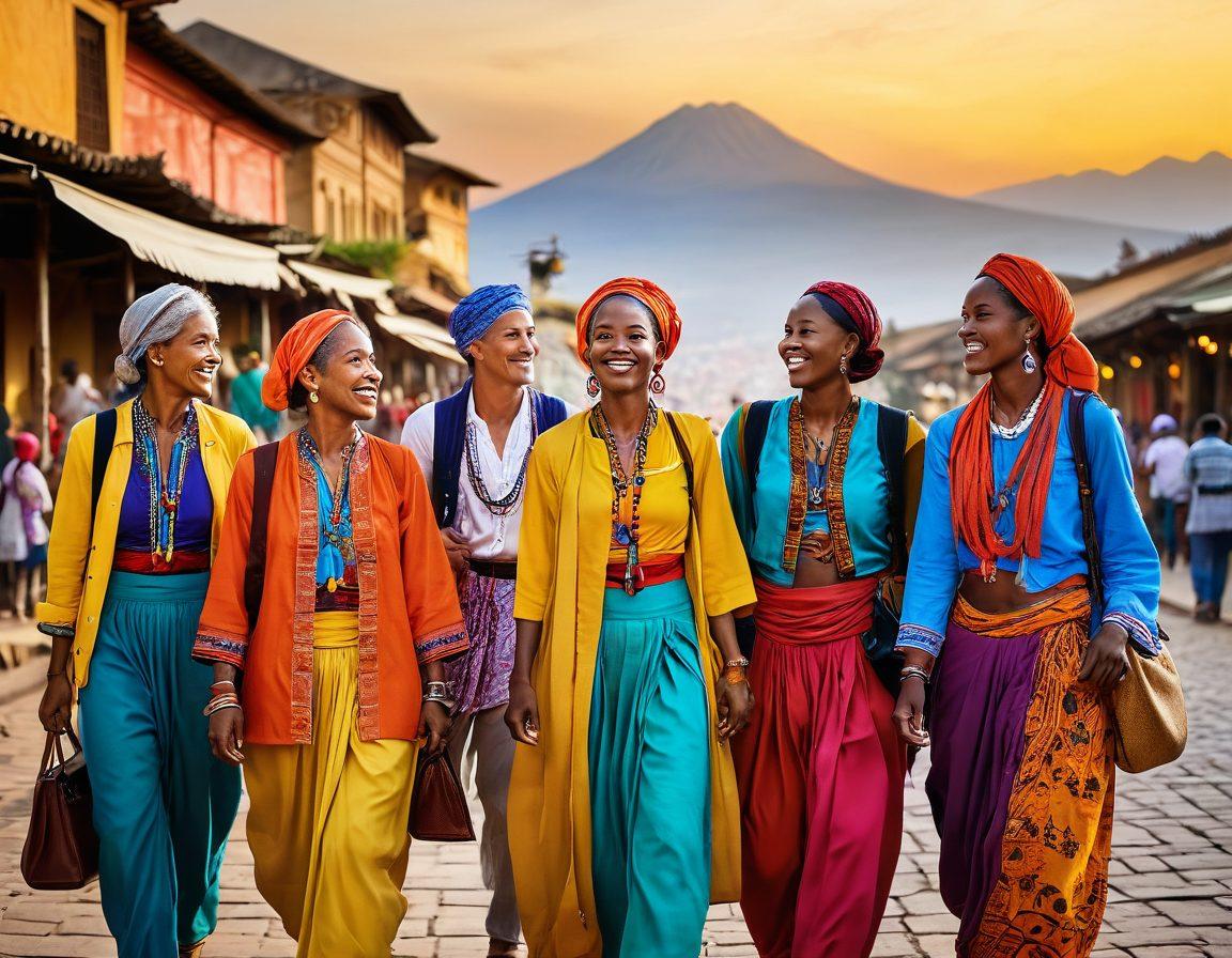 A breathtaking view of a group of diverse travelers exploring a stunning landscape, guided by a charismatic tour leader in a colorful outfit, with iconic landmarks and local culture around them. The scene captures joyful interactions and vibrant scenes of nature, showcasing rich cultural experiences. sunlit skies and dynamic compositions enhance the sense of adventure. super-realistic. vibrant colors. travel photography.