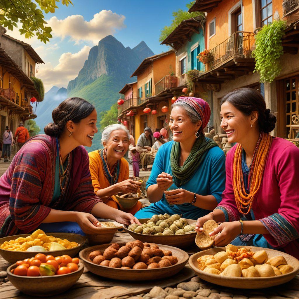 A vibrant scene depicting a small group of travelers experiencing diverse cultures on their Tauck vacation; they are interacting with local artisans, sampling traditional foods, and exploring historic landmarks. Bright colors illuminating each face filled with joy and wonder, showcasing the essence of adventure travel. The background features iconic cultural symbols and picturesque landscapes. super-realistic. vibrant colors. scenic background.